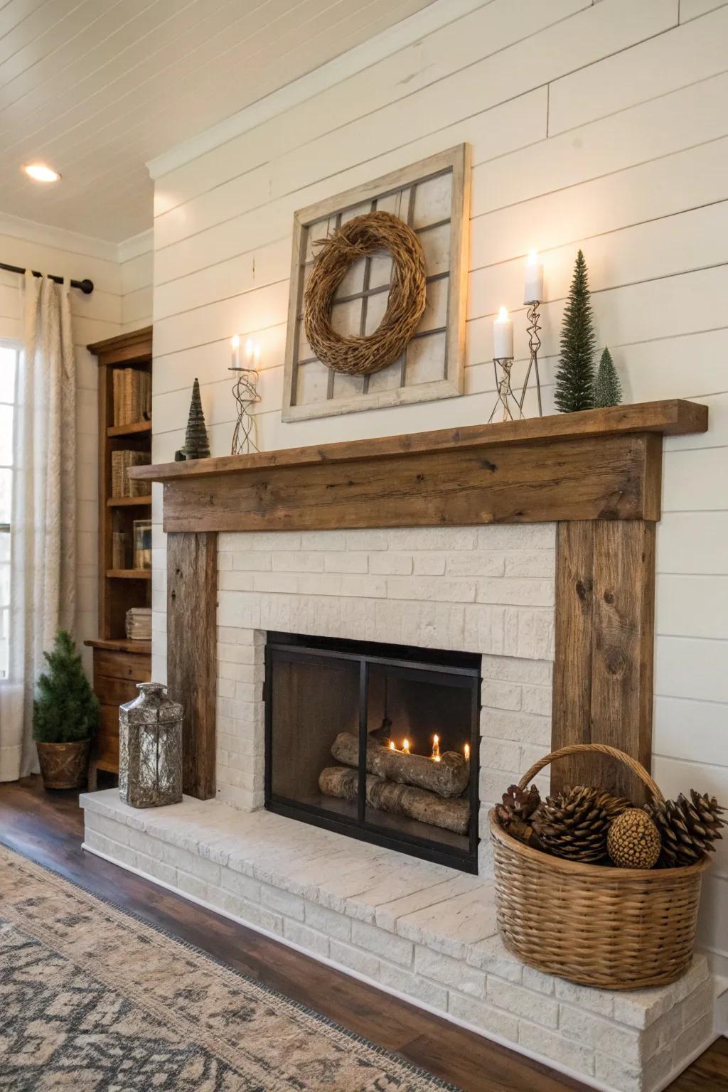 Homestead-style shiplap fireplace forging a comfortable country home atmosphere.