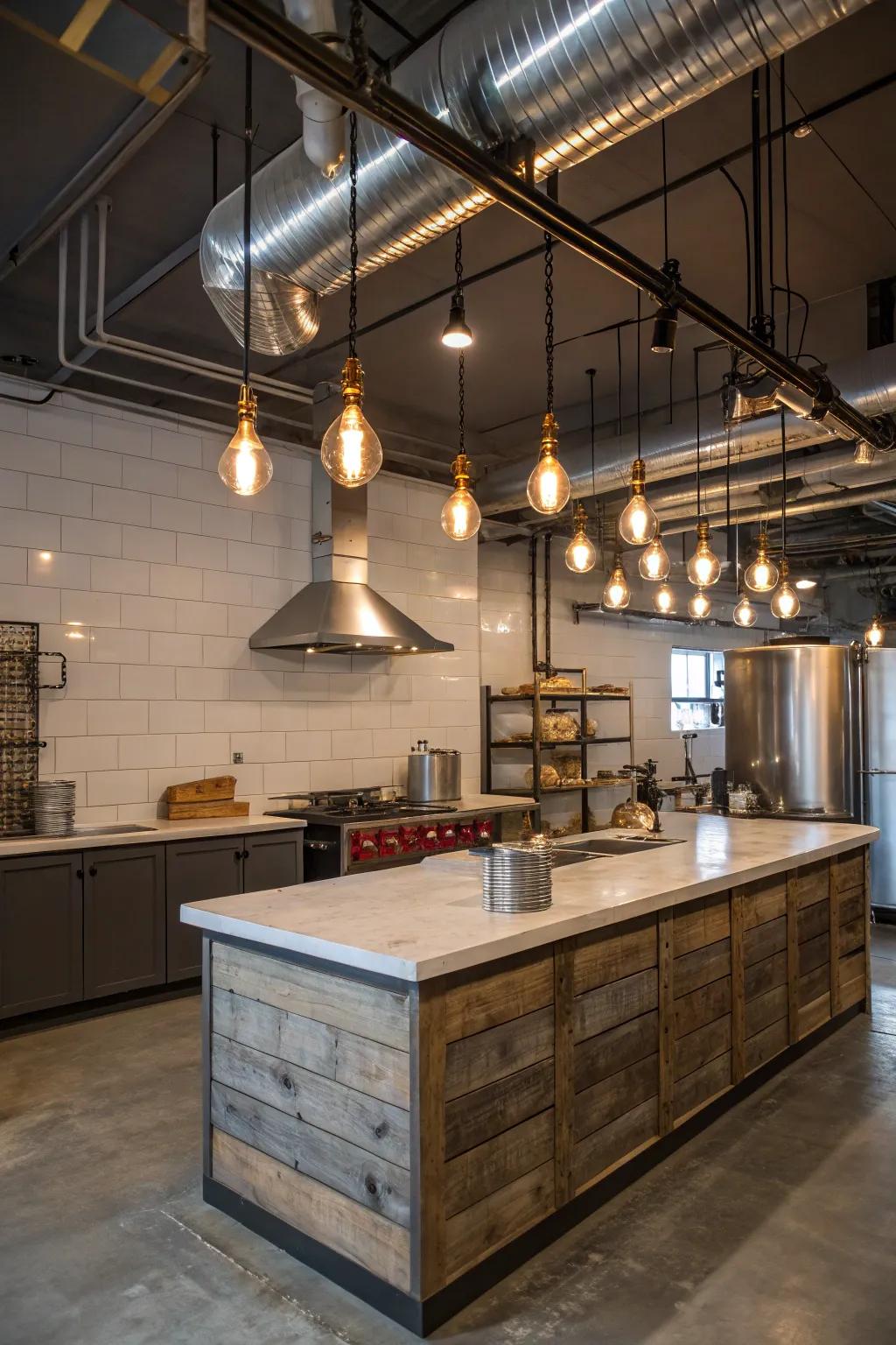 Urban kitchen with a shiplap island and urban elements.