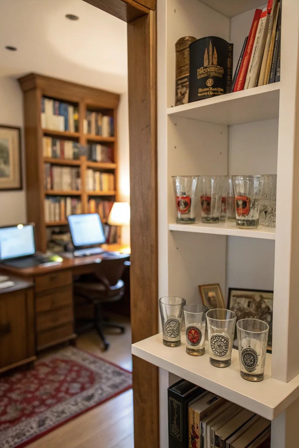 A sanctum showcasing a recess exhibit unit imaginatively replete with commemorative glasses.