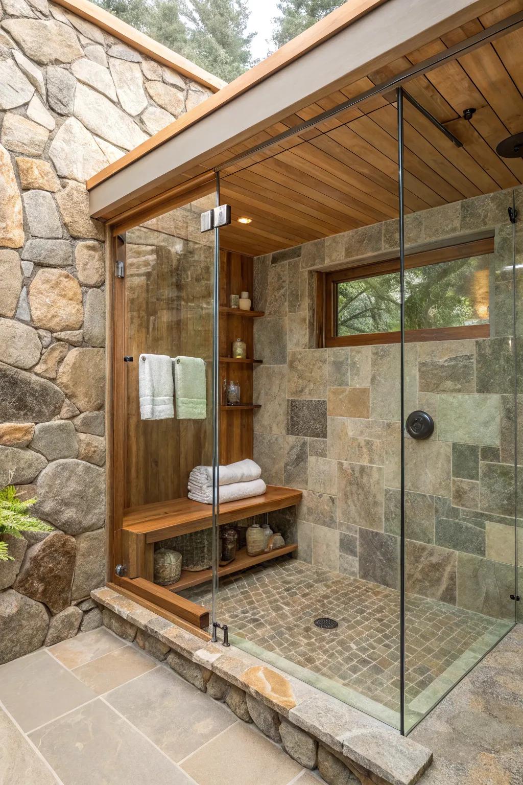 A shower showcasing a blend of stone, glass, and wood elements.