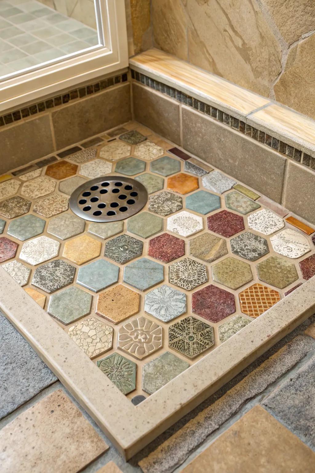 Eco-conscious recycled tiles in varied hues and textures make this shower base both exquisite and sustainable.
