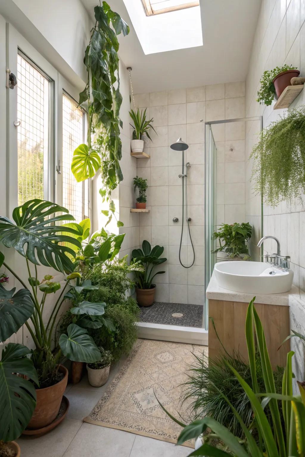 A fresh and lively shower room adorned with indoor plants.