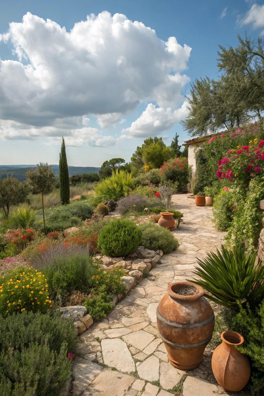 A Mediterranean-inspired garden featuring robust, drought-tolerant shrubs.