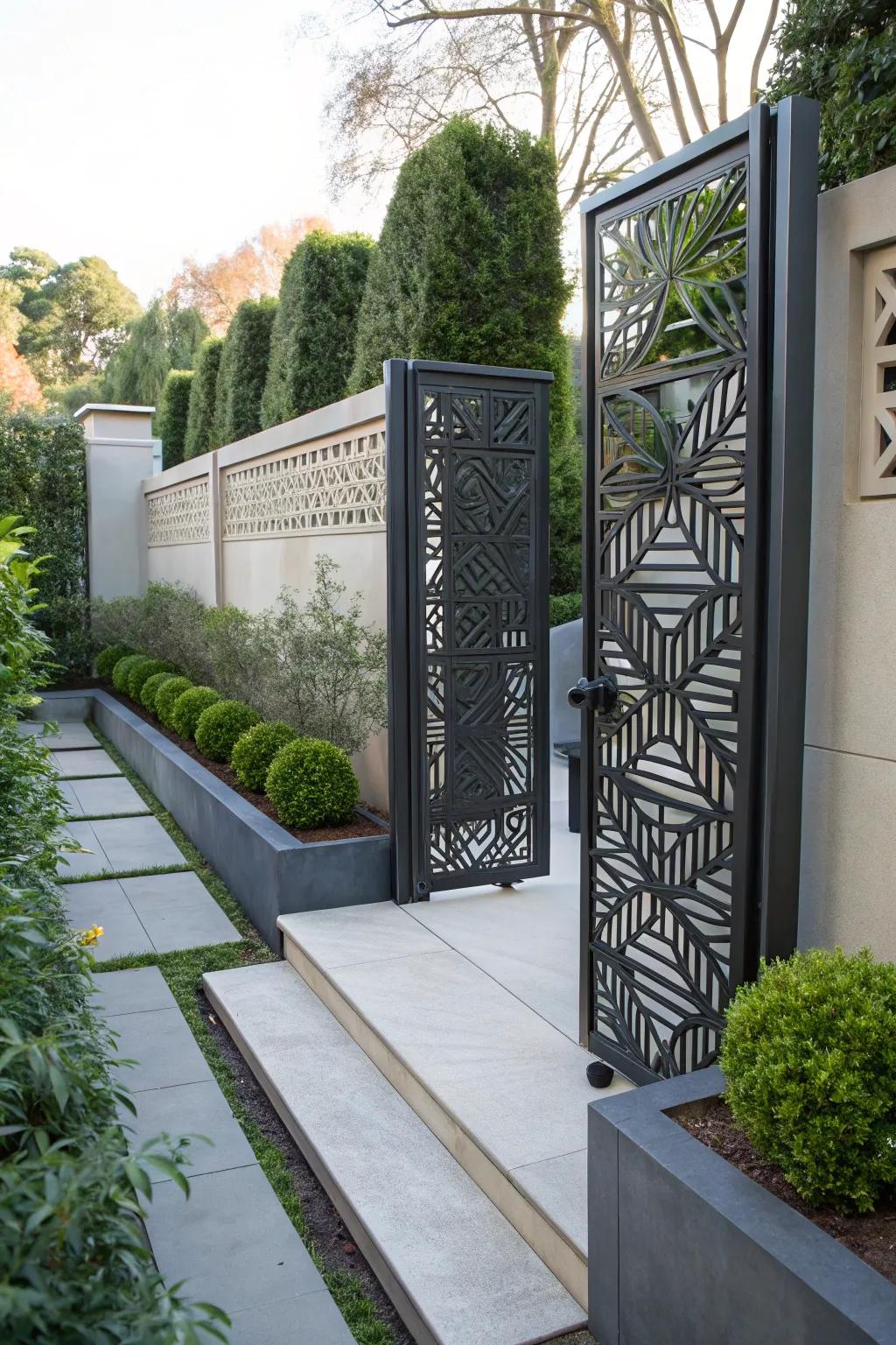 A geometric-patterned gate serving as an artistic centerpiece.
