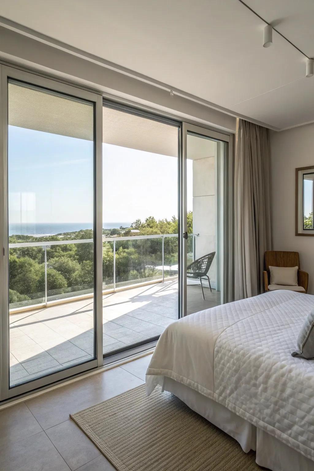 Contemporary gliding doors linking the bedroom to the balcony.