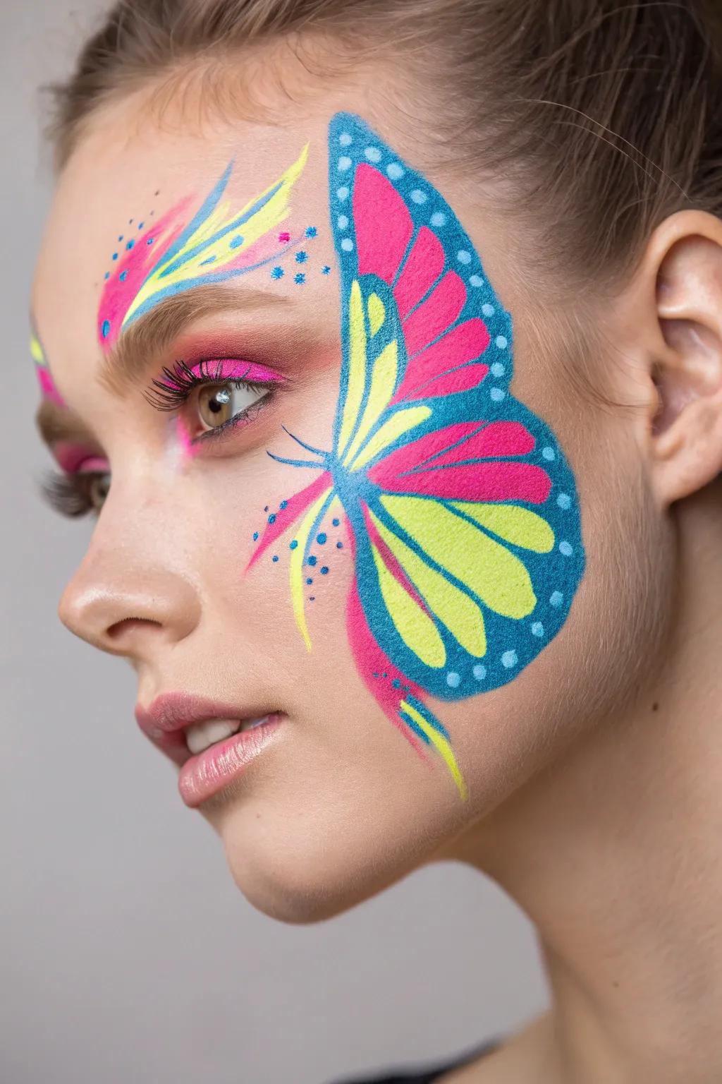 Illuminate your style with this glowing flash butterfly visage art, great for adding a bold touch of nature-inspired beauty.