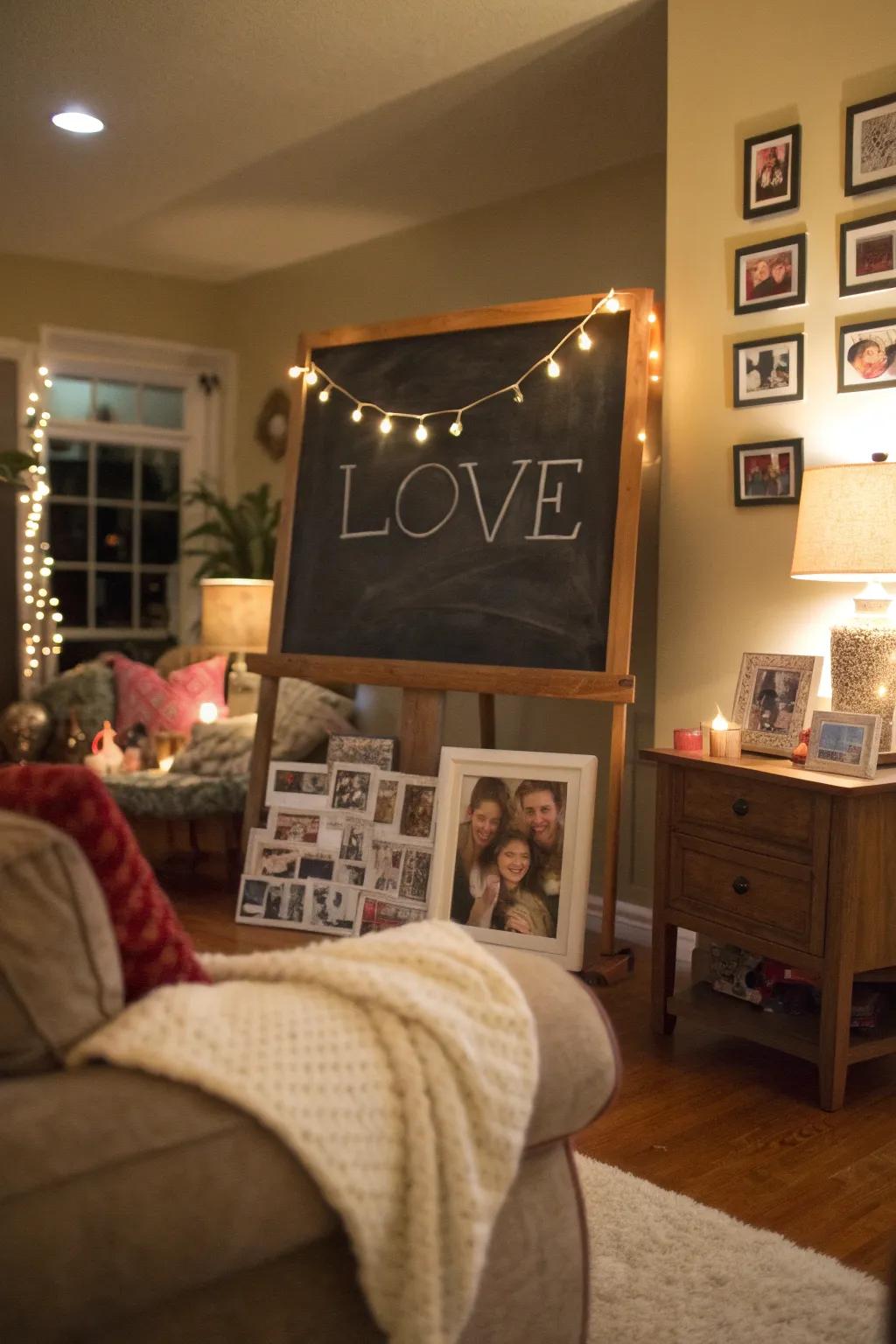 Living room chalkboard featuring a love-inspired quote.