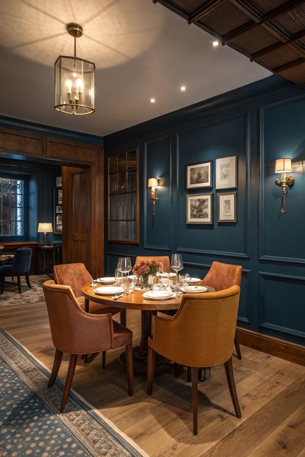 Moody colors transform the eating space into an intimate getaway.