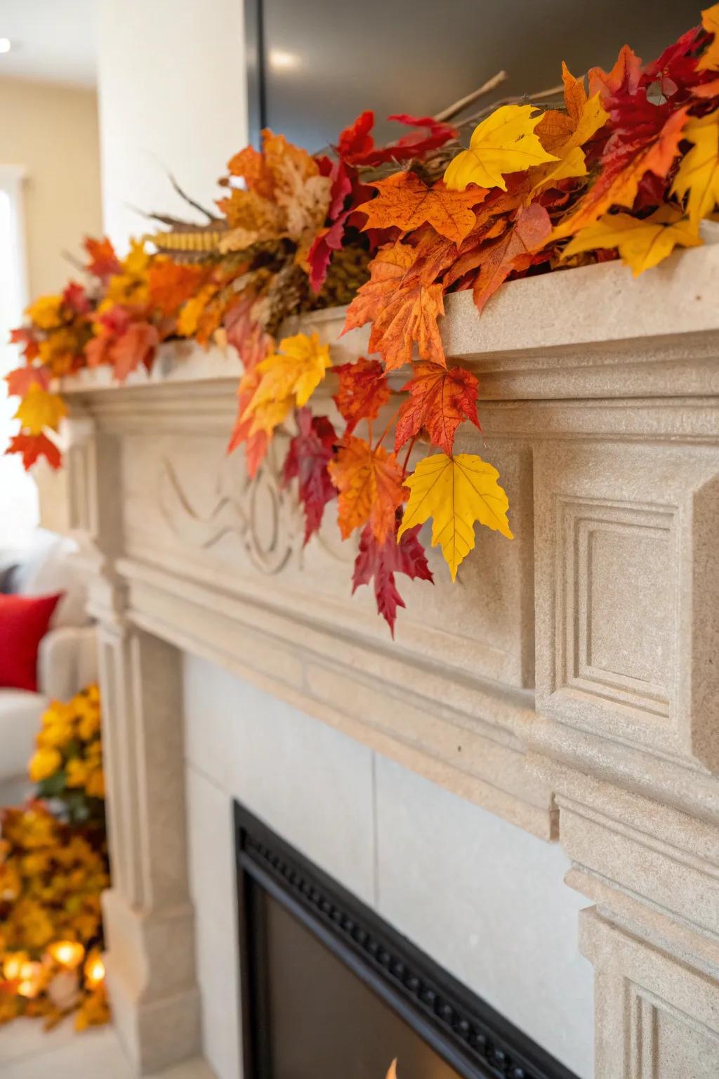 A sophisticated mantel with a neutral foundation and vibrant fall highlights.