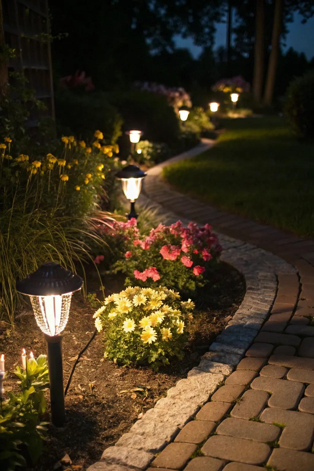 A night garden illuminated with solar lighting.