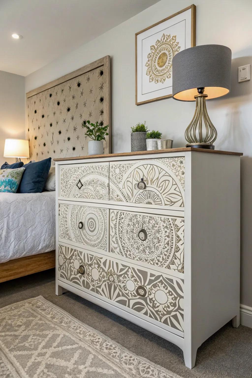 Fractal stencils bestow an antiquated dresser a fresh and contemporary update.