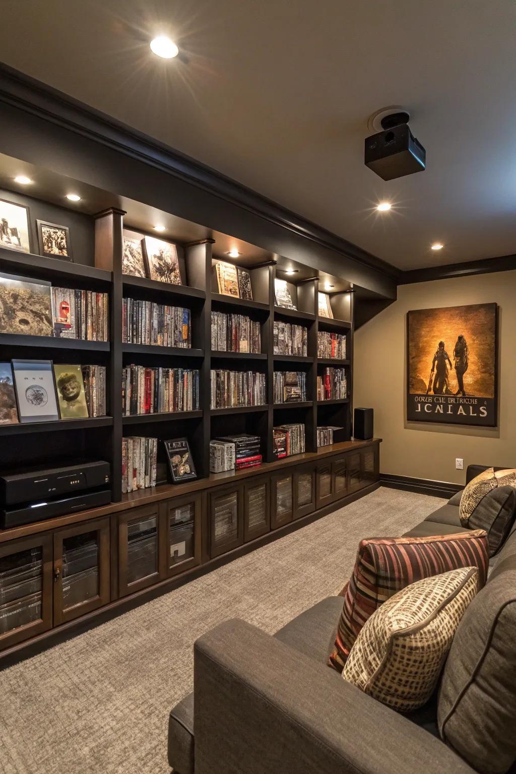 Wall shelves add style and help keep things tidy in a home cinema.