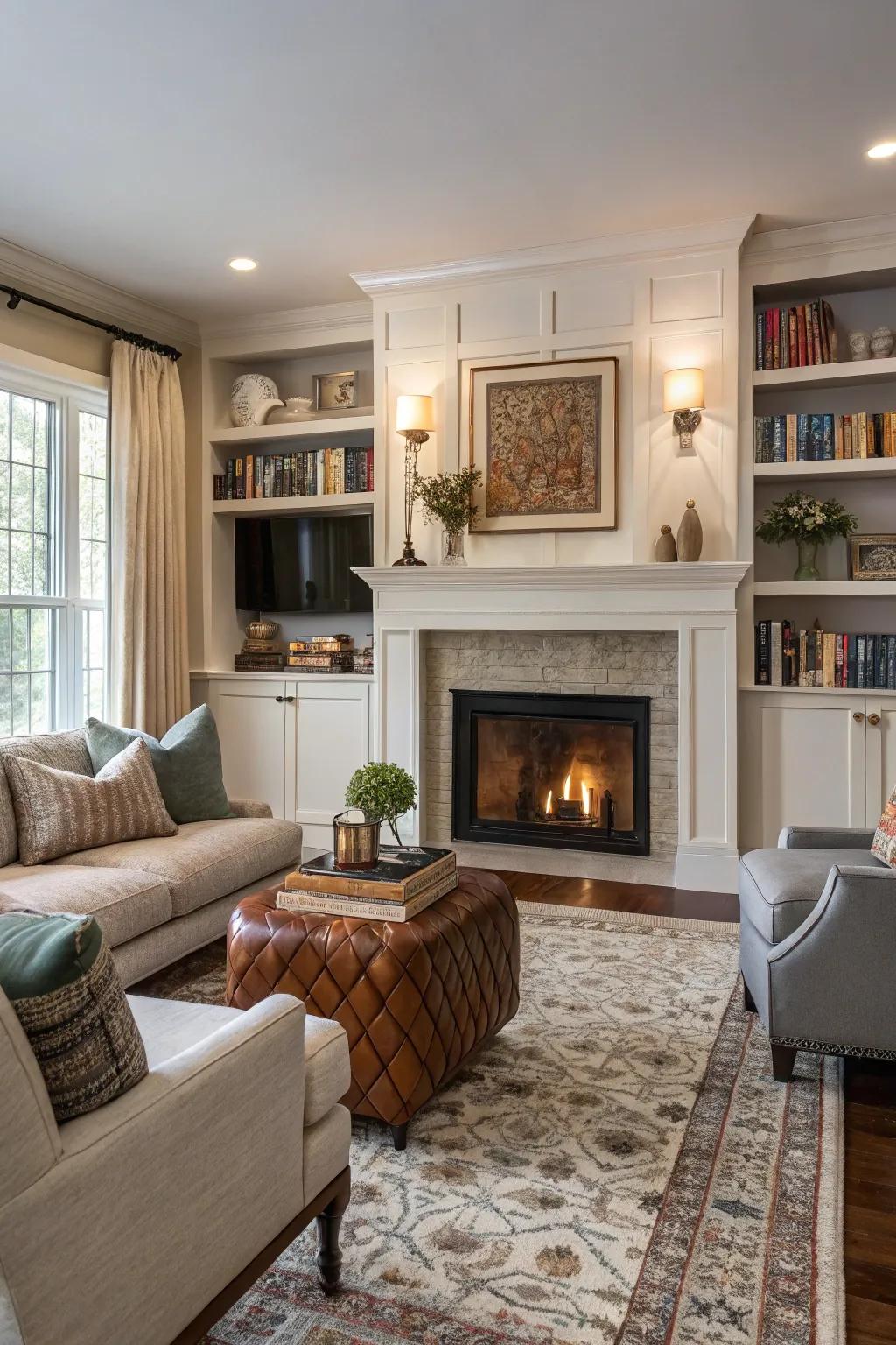 A key spot like a fireplace anchors the living area design.