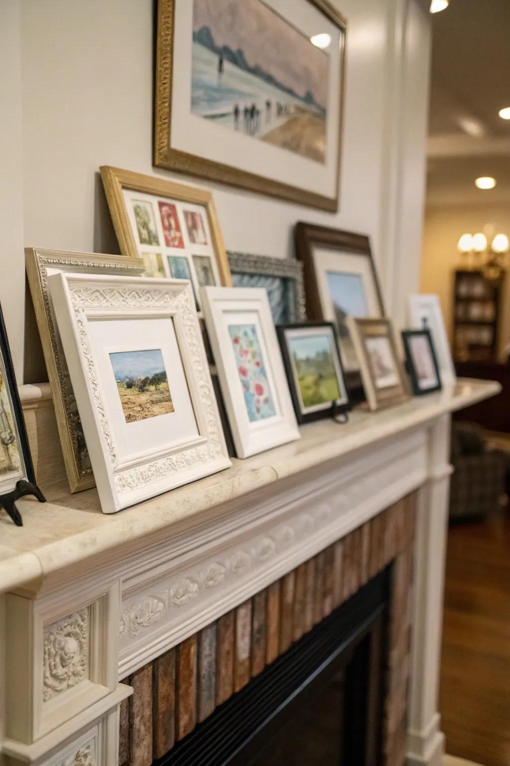 A gallery of art pieces amplifies the elegance of this everyday mantel.
