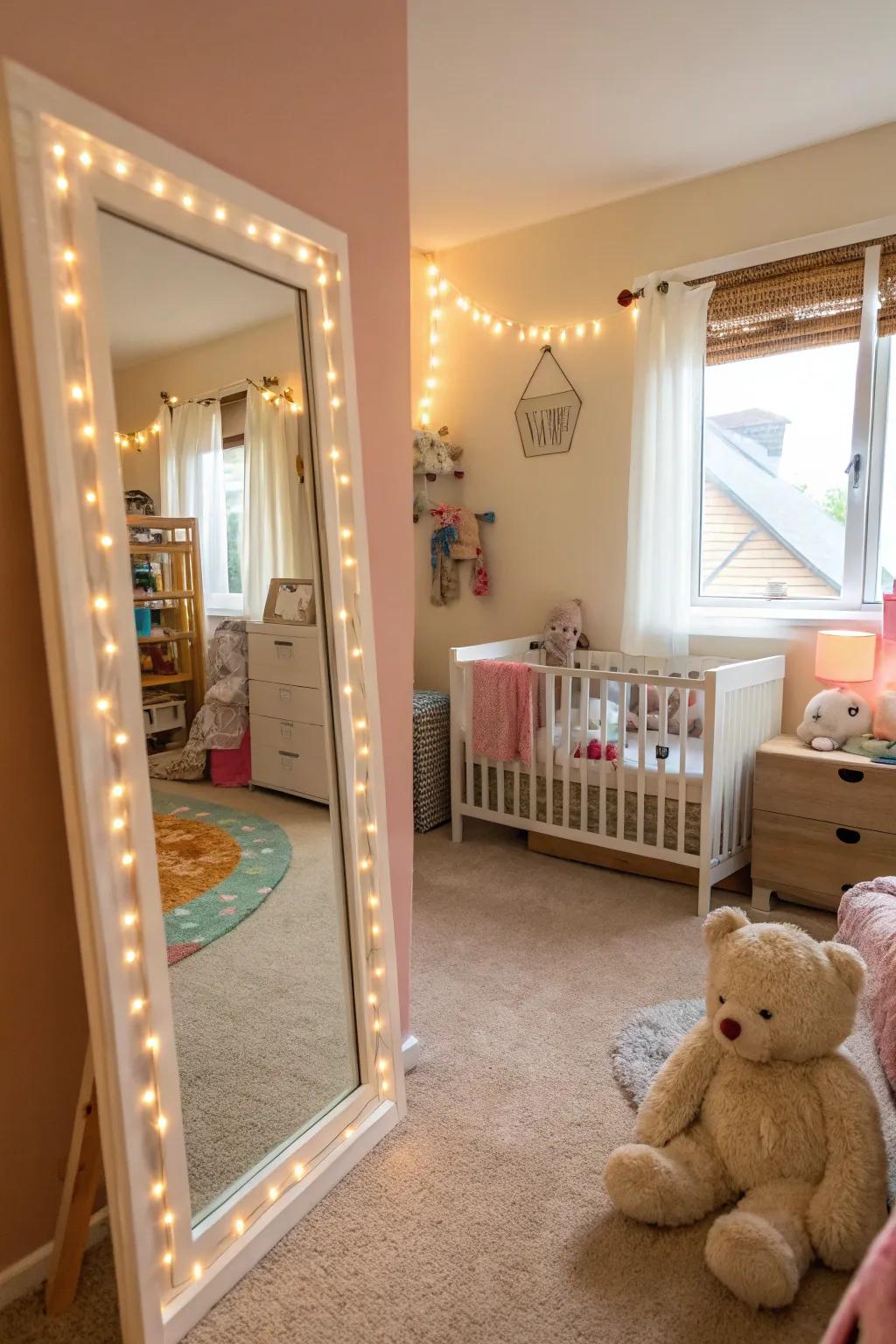 Reflective surfaces heighten the nursery's sensation of space and radiance.