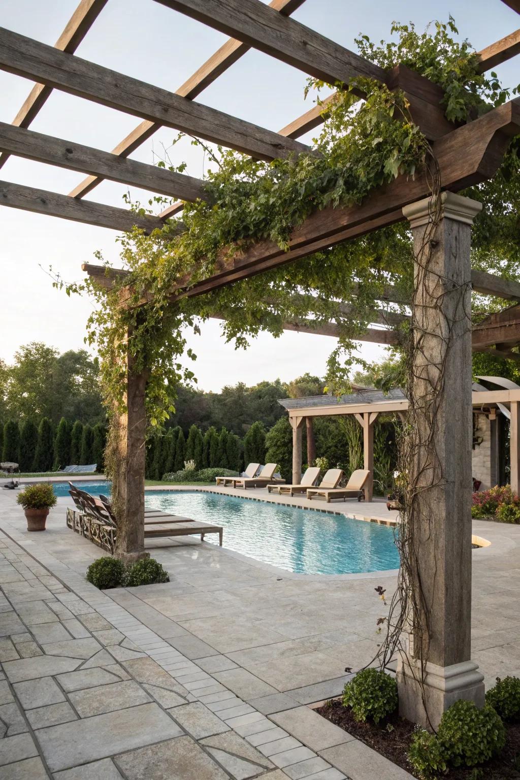 A fashionable trellis offering shade and comfort near the pool.