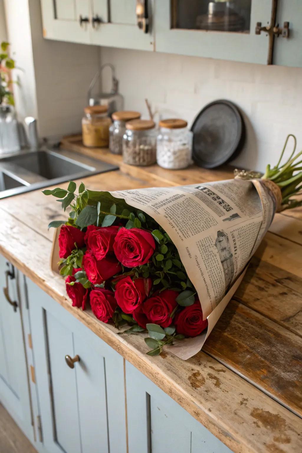 An eco-conscious bouquet wrapped in repurposed newsprint.