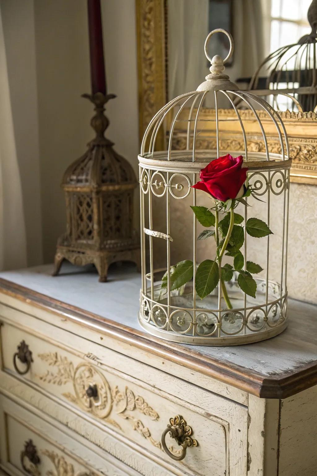 An aviary cage enriches a single rose centerpiece with a romantic nuance.