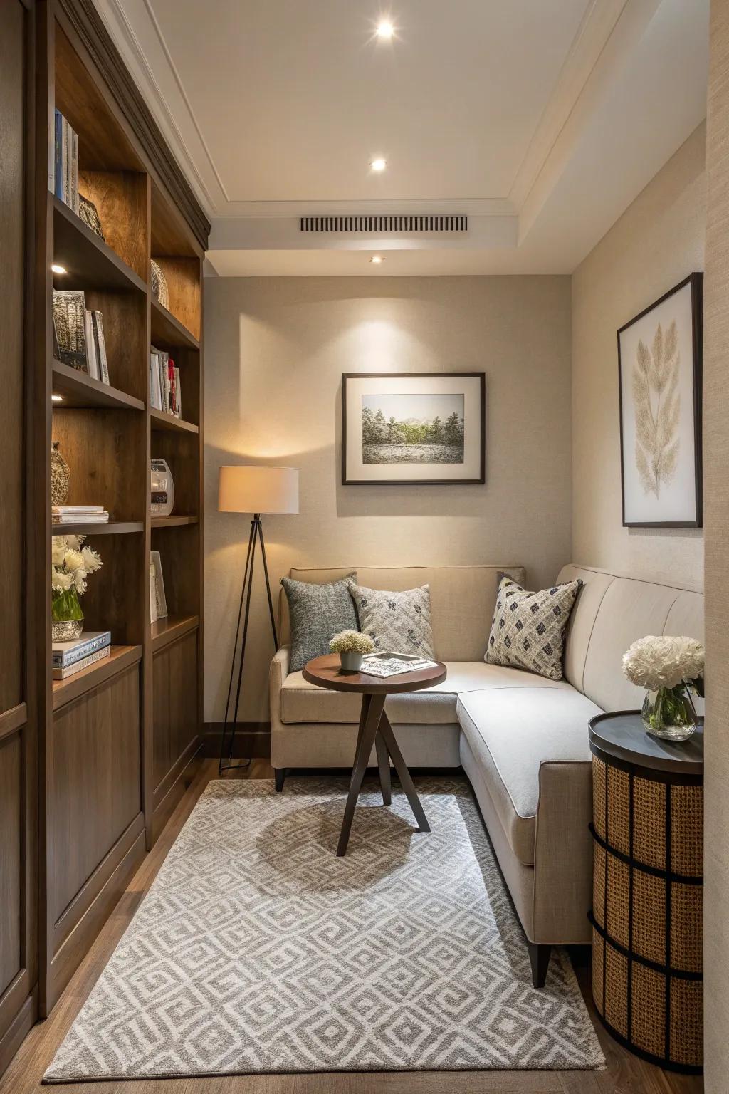 A cozy and functional sitting space in a compact space.