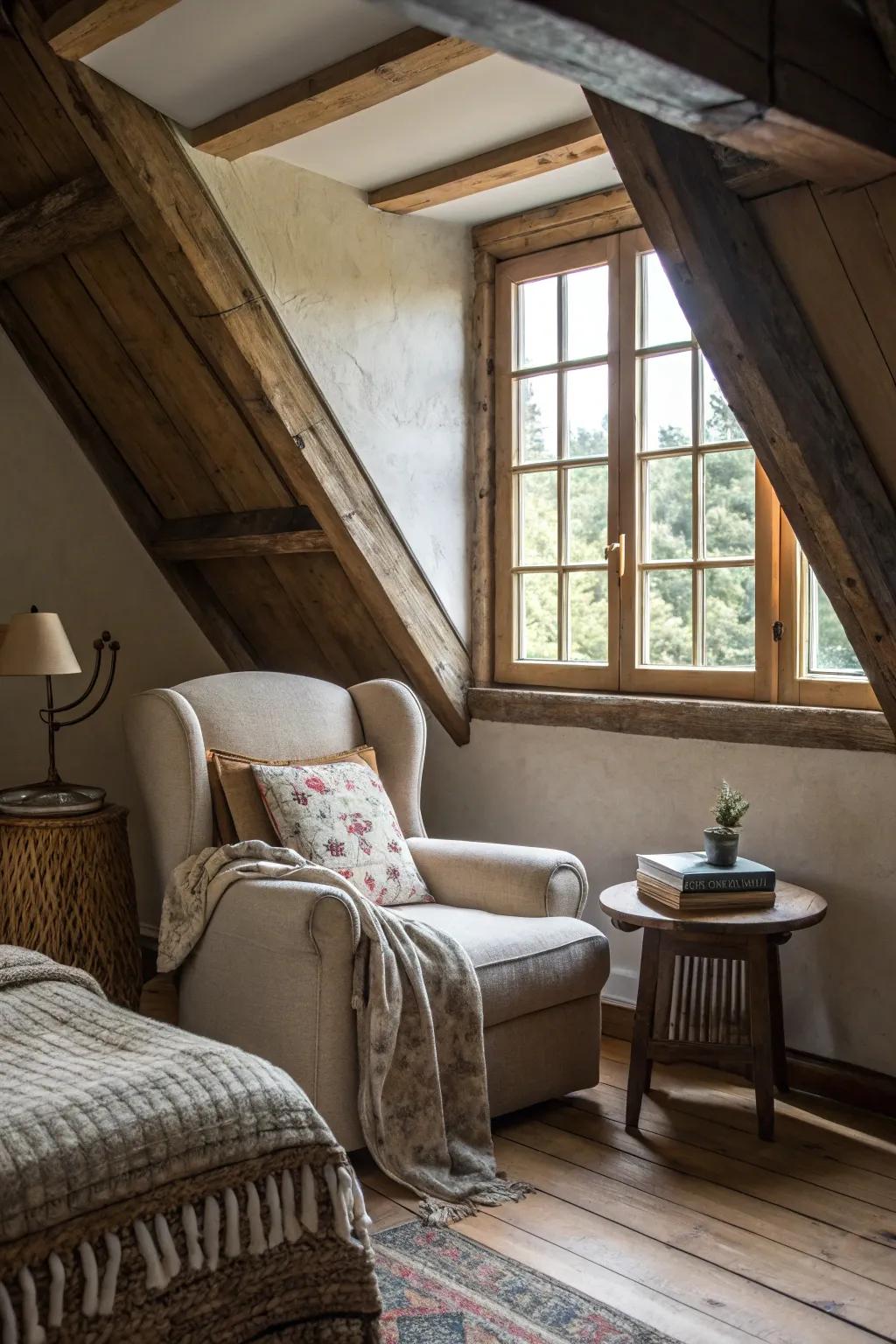 In this attic bedroom, a bay window provides more light and space.