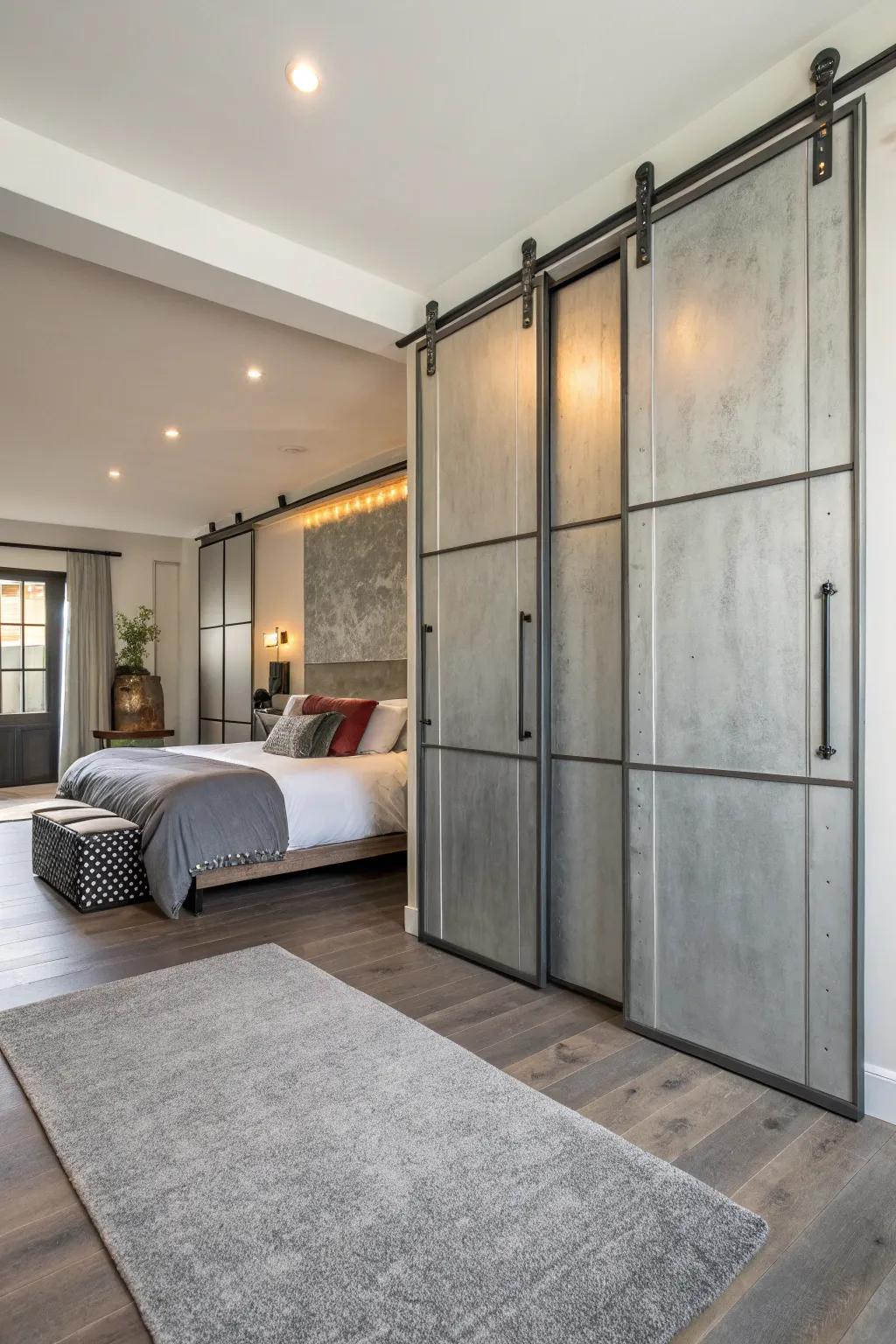 Urban aesthetic with striking metal doors.