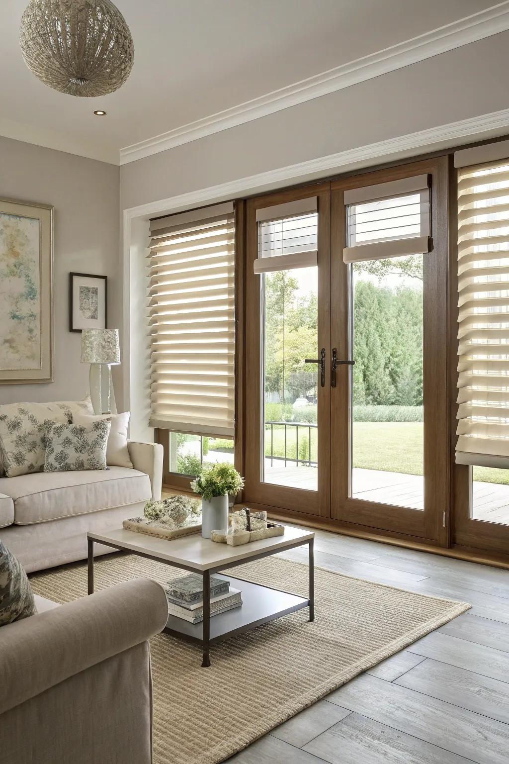 Layered blinds offer flexibility and elegance.