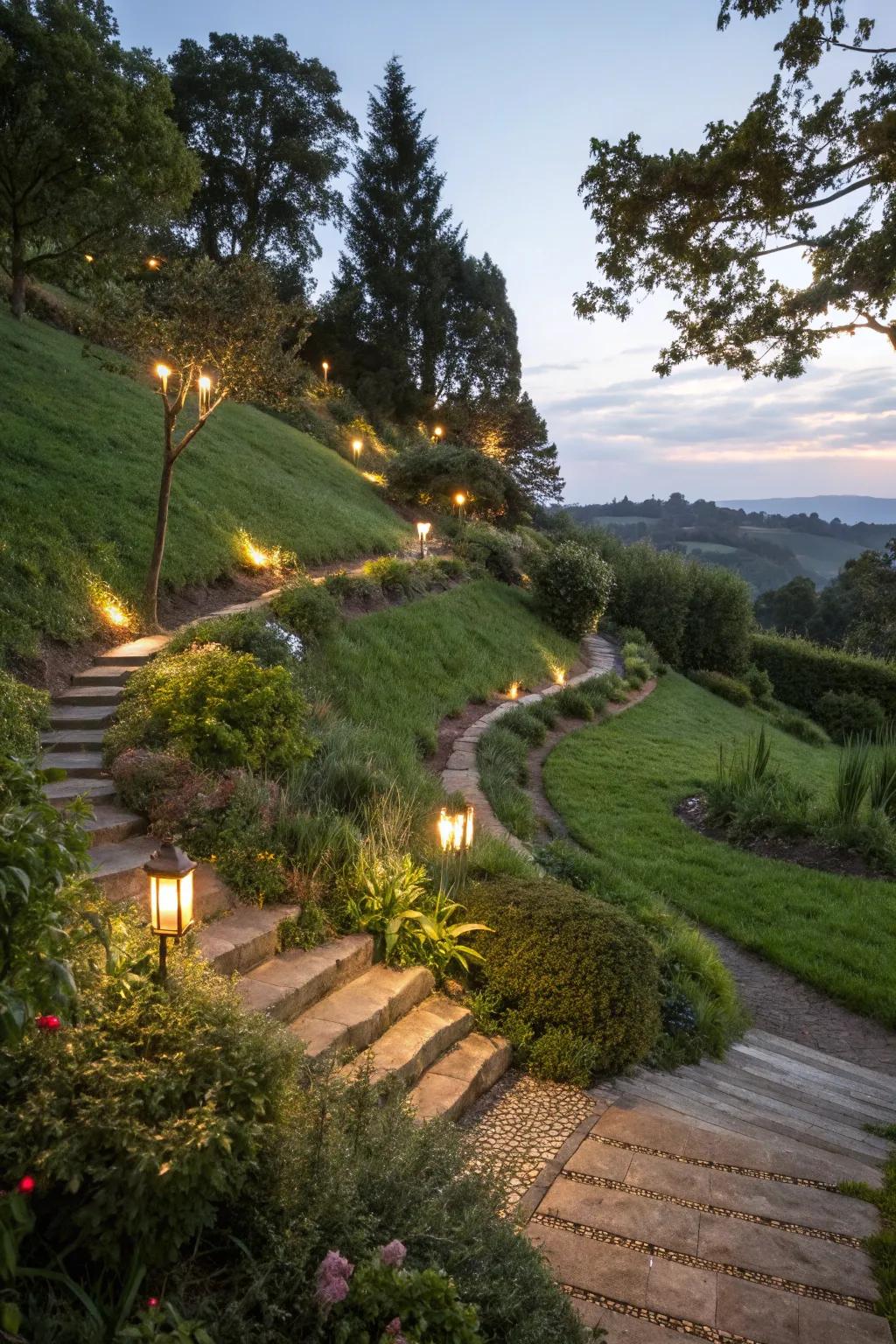 Solar lights brighten paths sustainably.