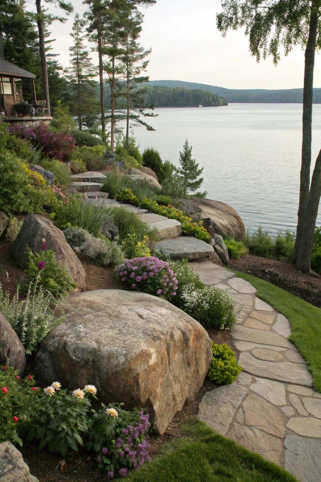 Stones create a spectacular centerpiece in this sloped landscape.