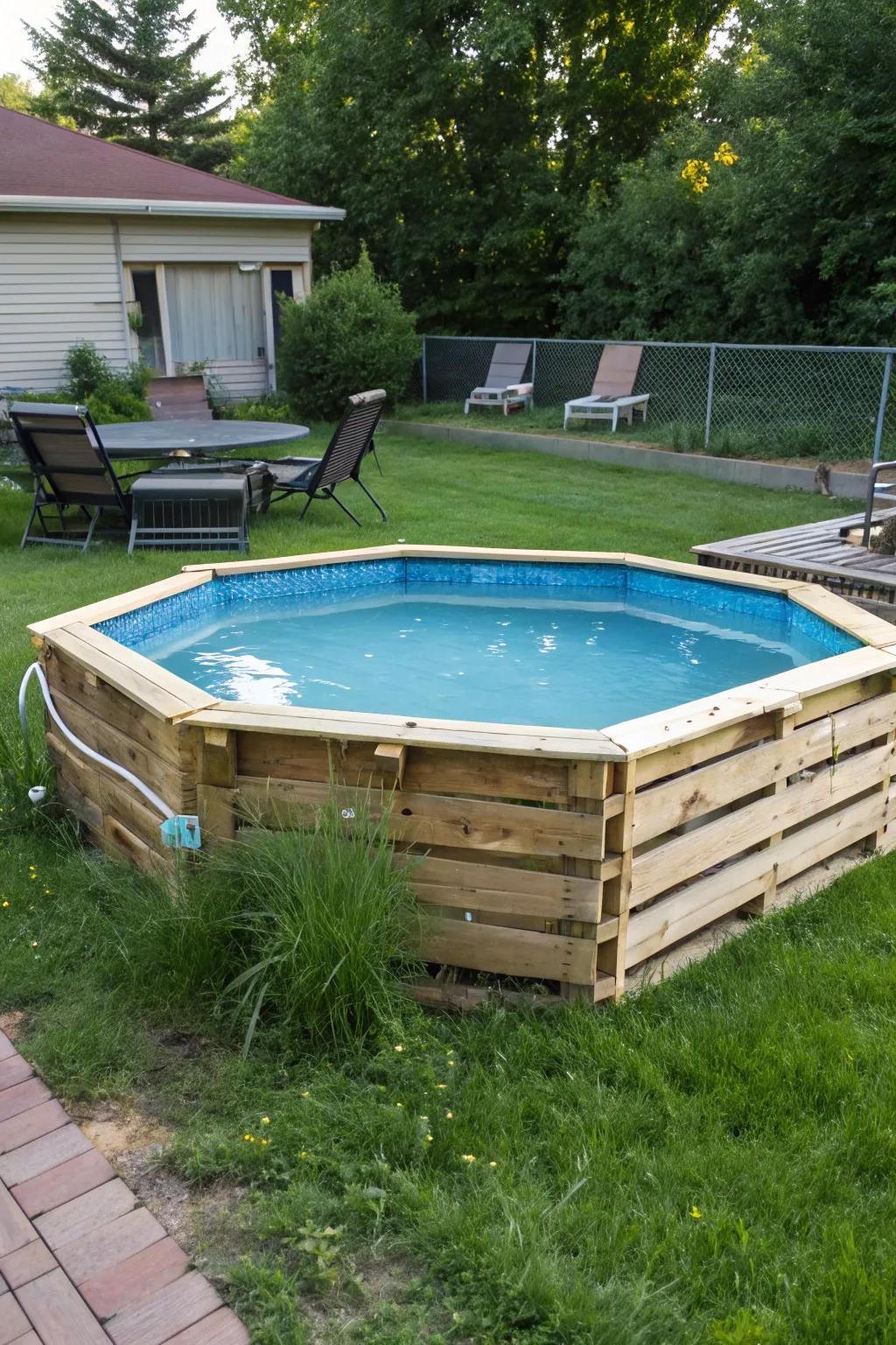 A rustic above-ground pool framed with repurposed wood pallets.