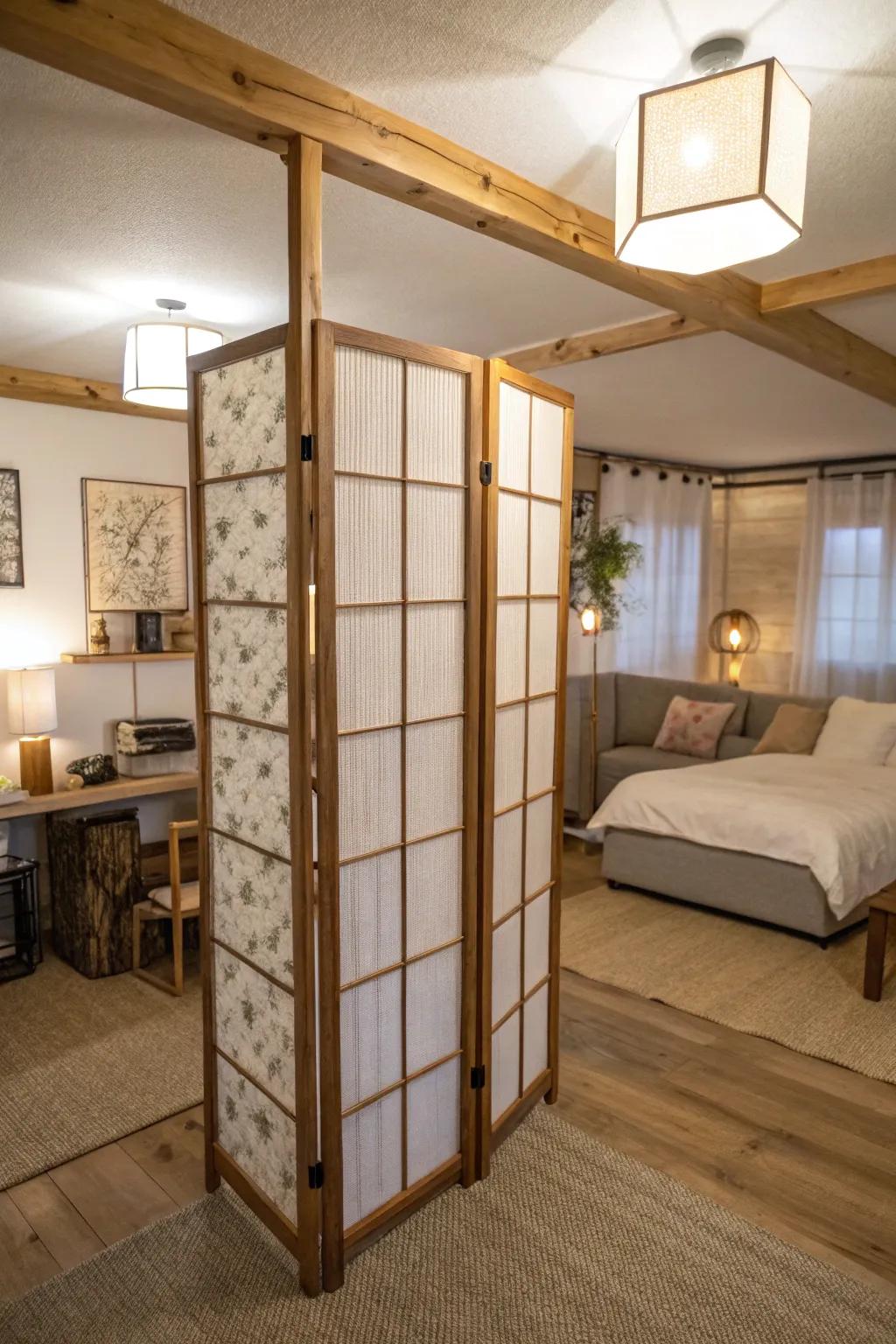 Artistic partitions furnish privacy in open-plan Airbnb spaces.