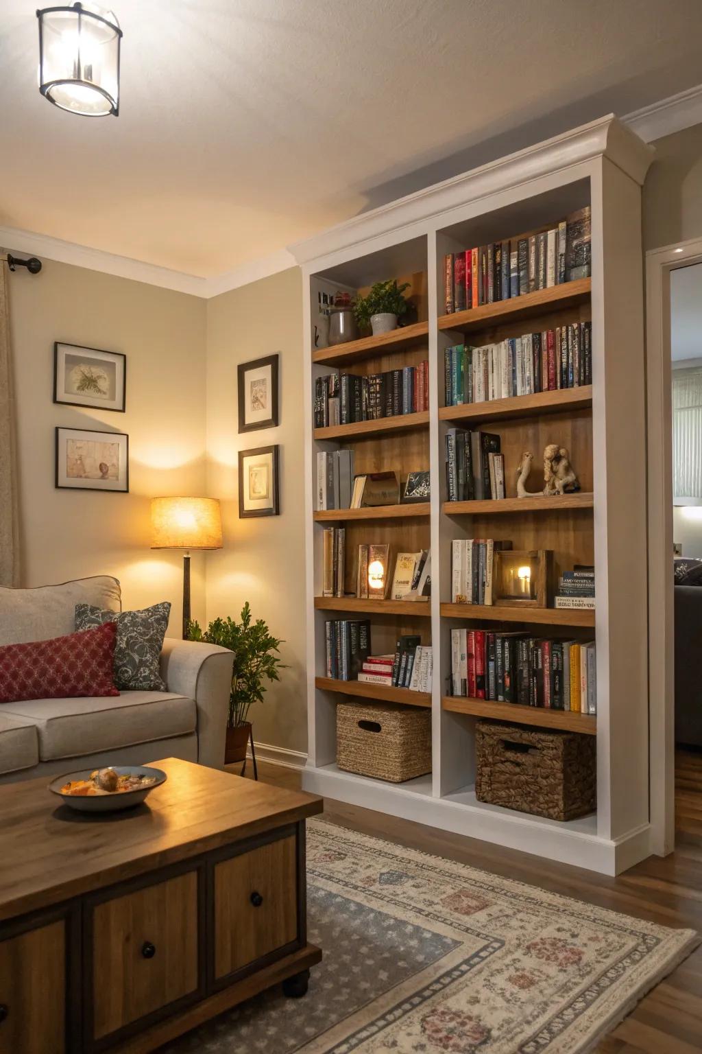 High-up storage makes the most of space and adds interest.