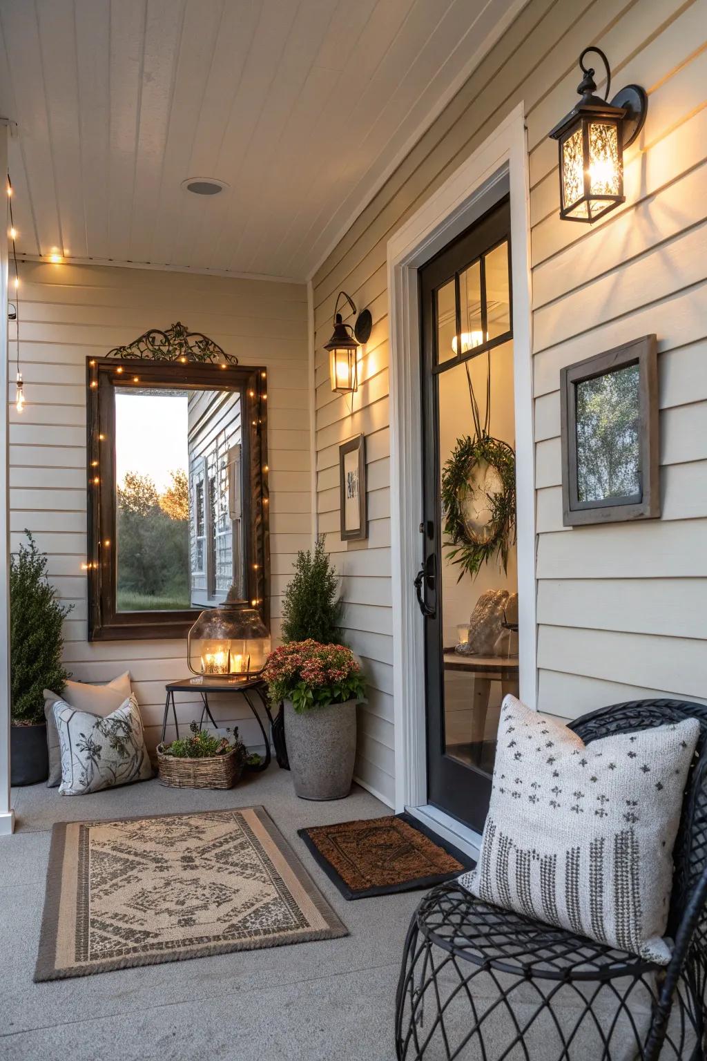 Indoor-style decor contributes a homey feel to a modest porch.