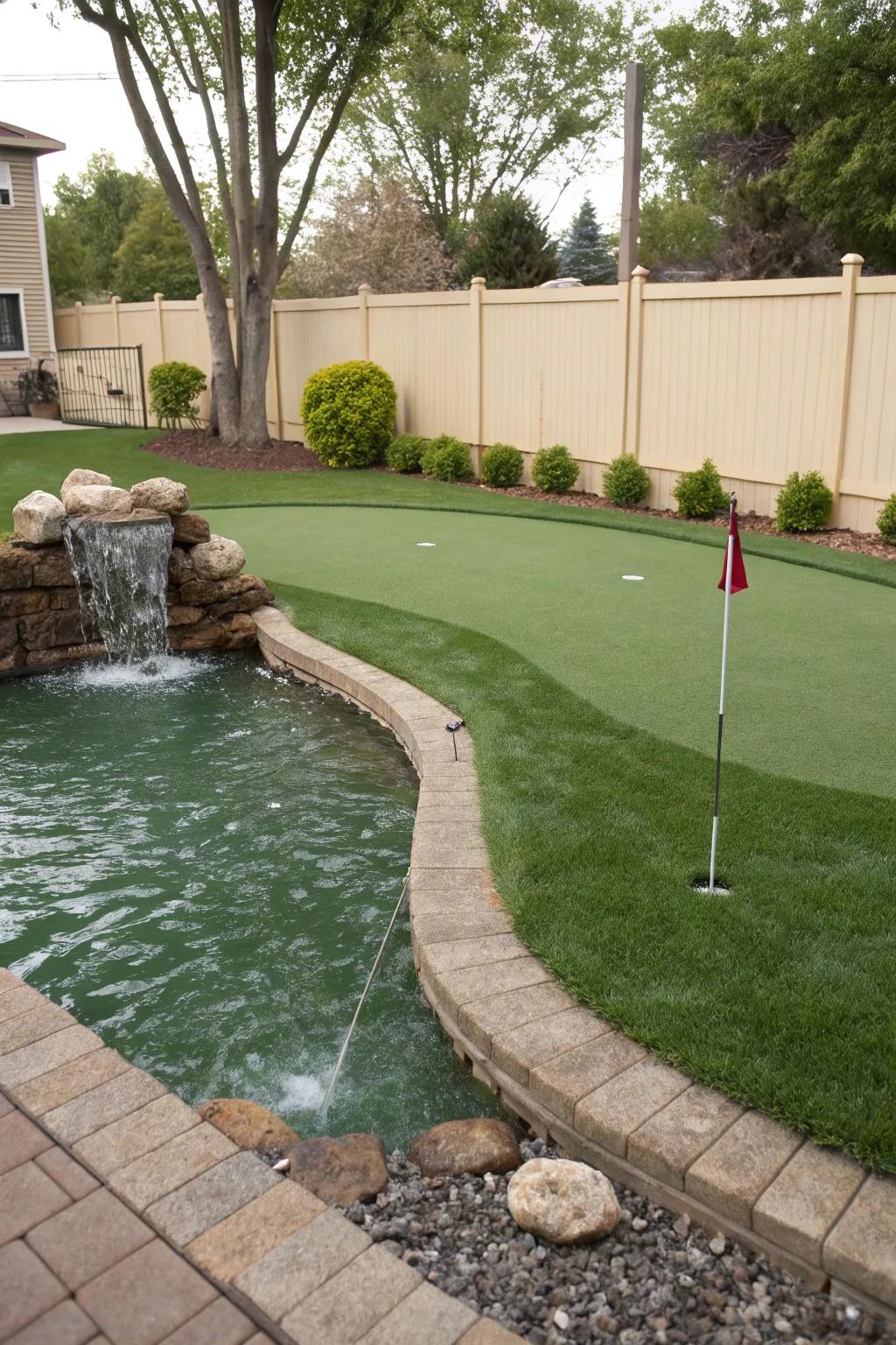 A putting green enhanced by an elegant water feature.
