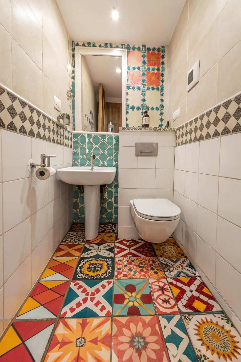 Unique tiles add character to a small bathroom.