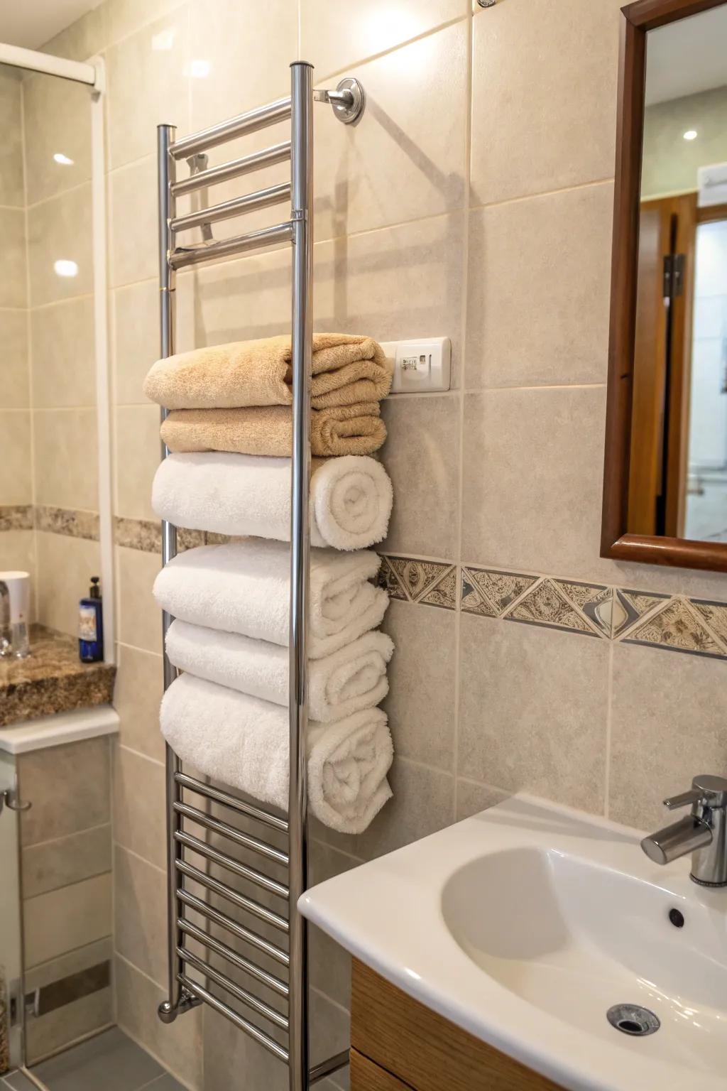 Create a striking statement with an upright towel rack.