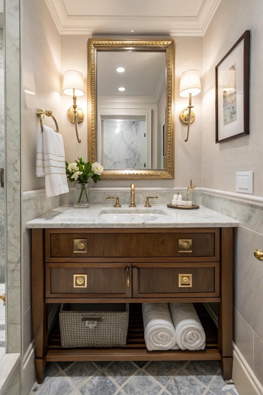 A marble top vanity lending luxurious elegance to a small bathroom.