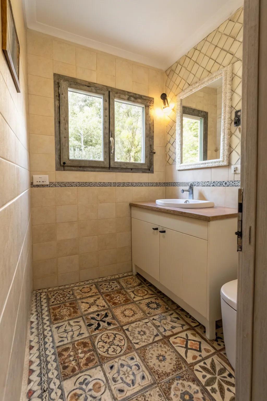 A small bathroom featuring charming patterned tiles.
