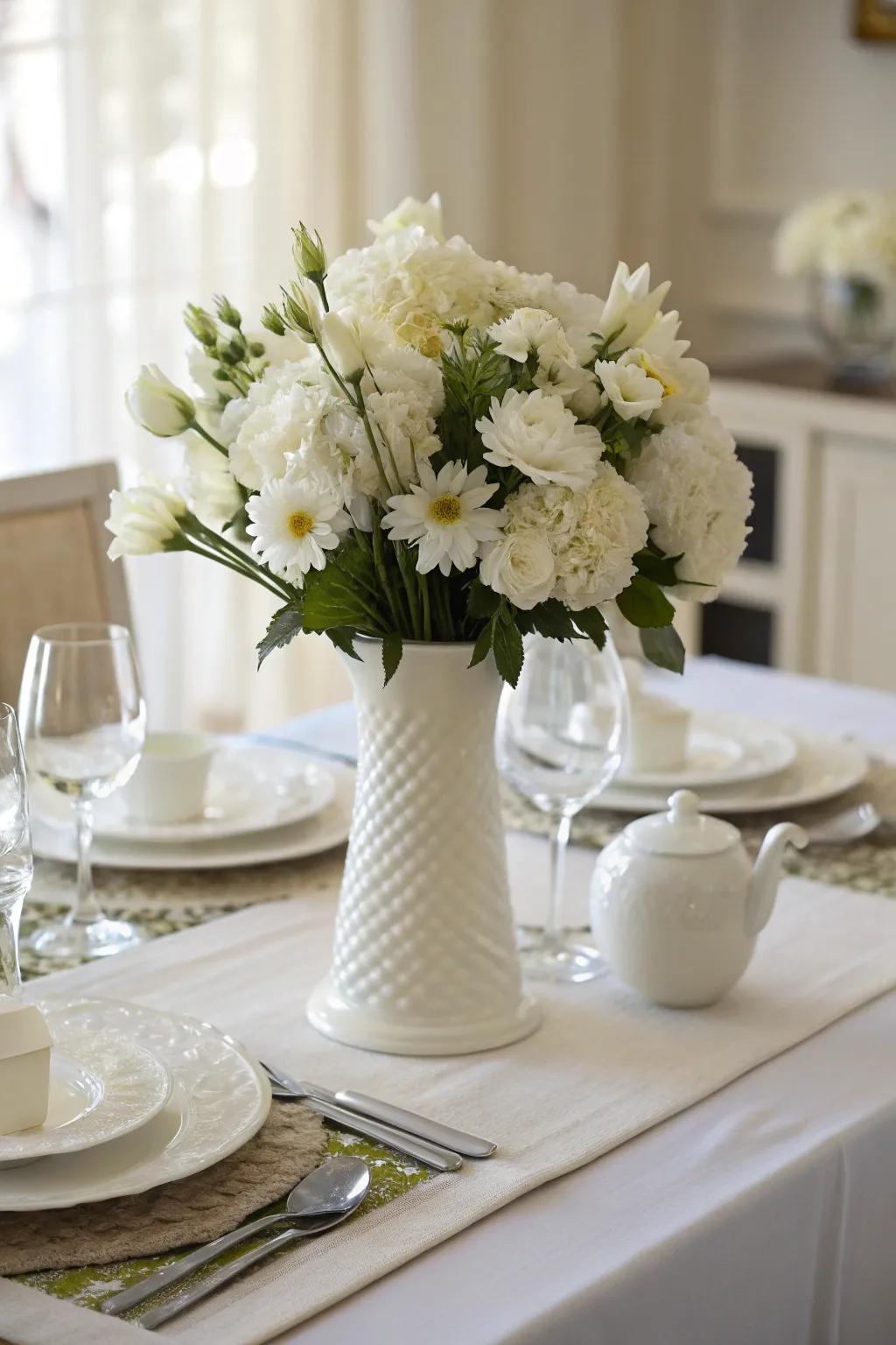 Monochrome elegance thanks to a timeless white floral centerpiece.