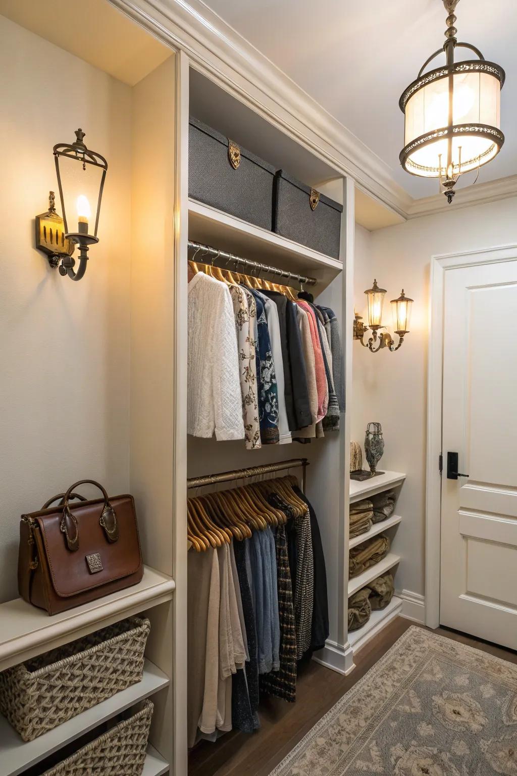 Wall sconces enhance style and light in a small closet.
