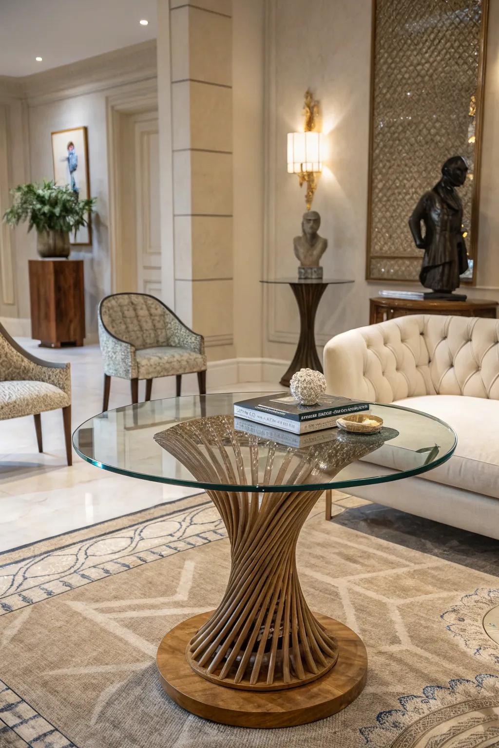 Sculptural bases with glass surfaces are a nod to modern art.