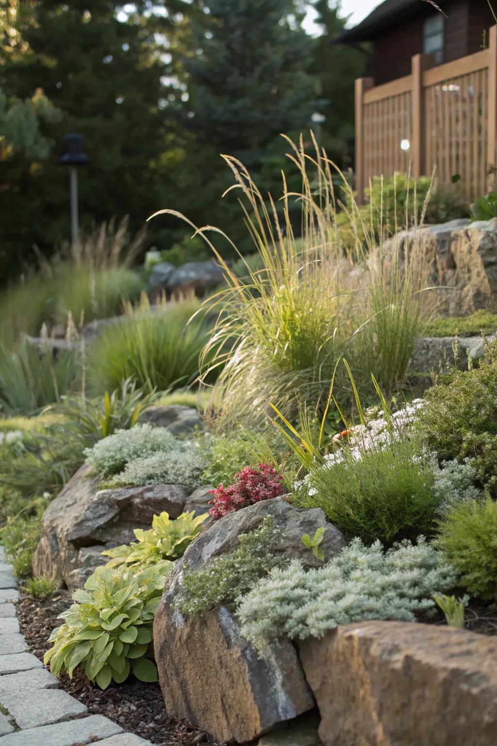 Layered plant heights adding depth to this rock garden.