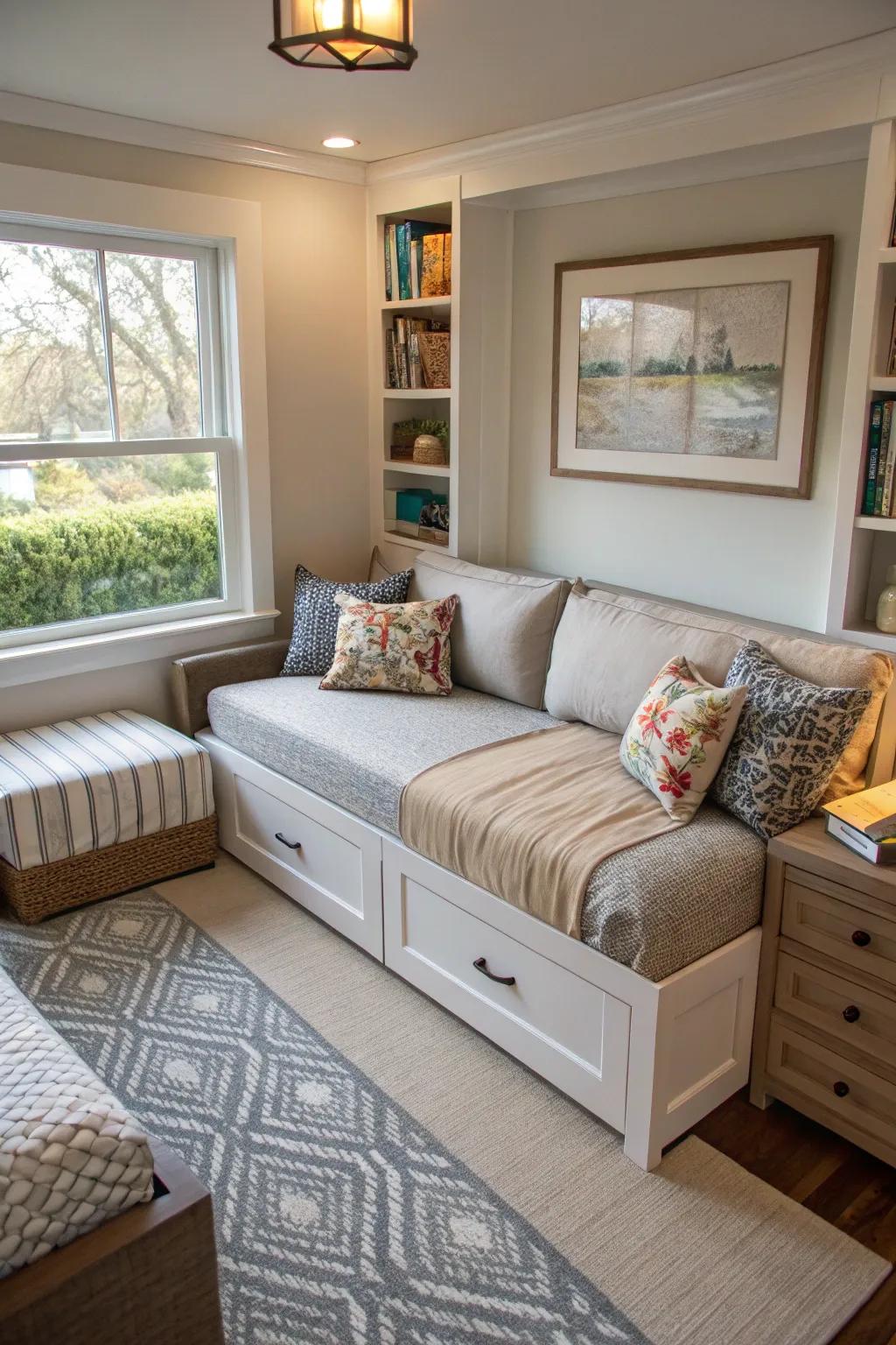 Multi-use furnishings take advantage of function in a small den.