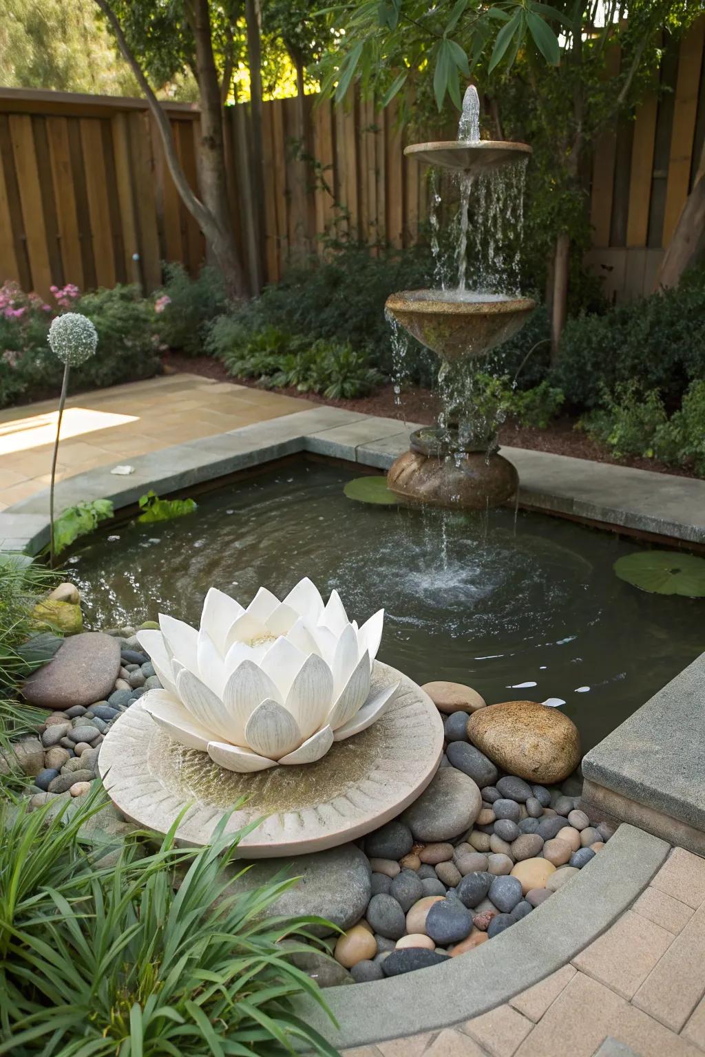 A drifting lotus water feature delivers serenity and grace.