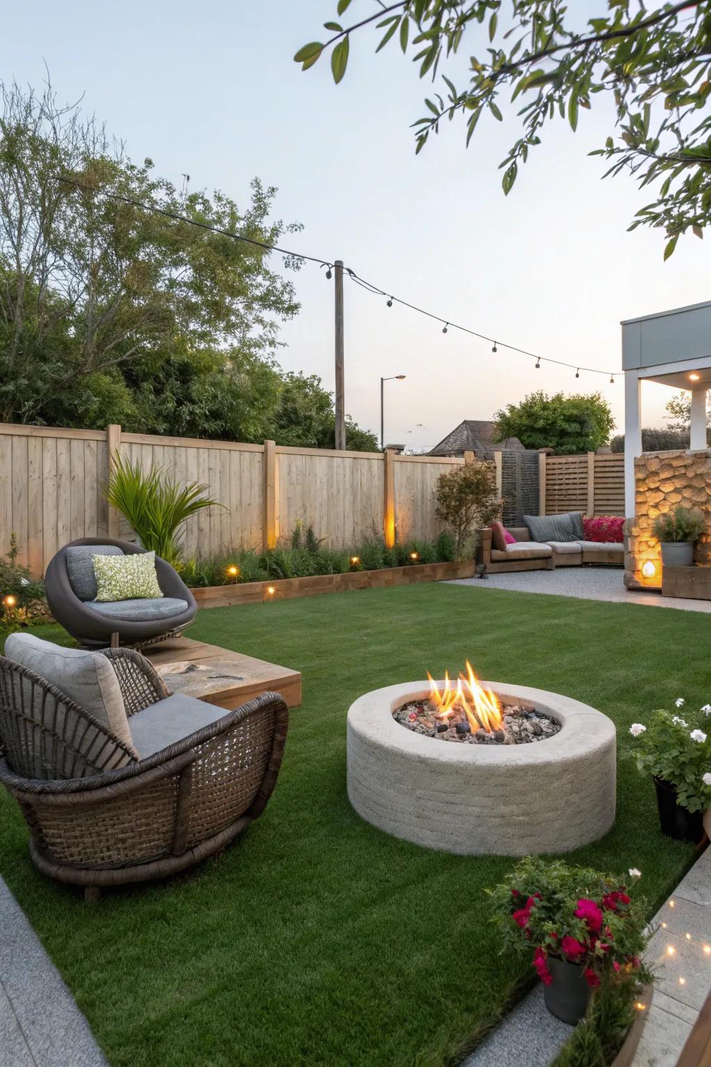 A comfortable fire pit space enclosed by synthetic turf.