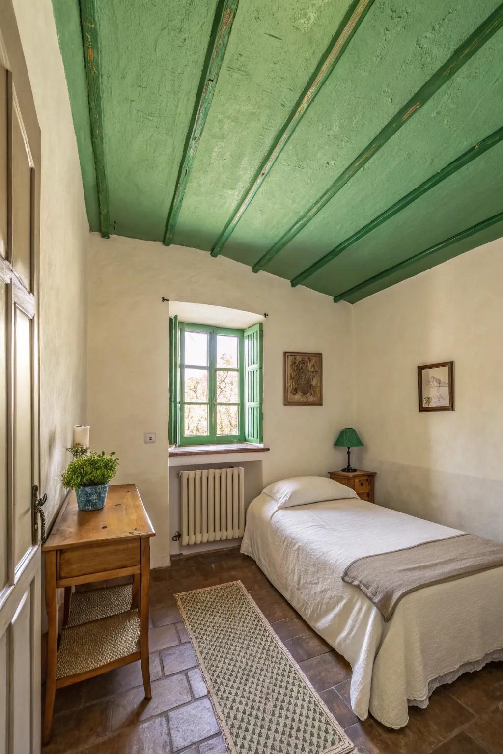 A verdant ceiling adds an unexpected design twist.