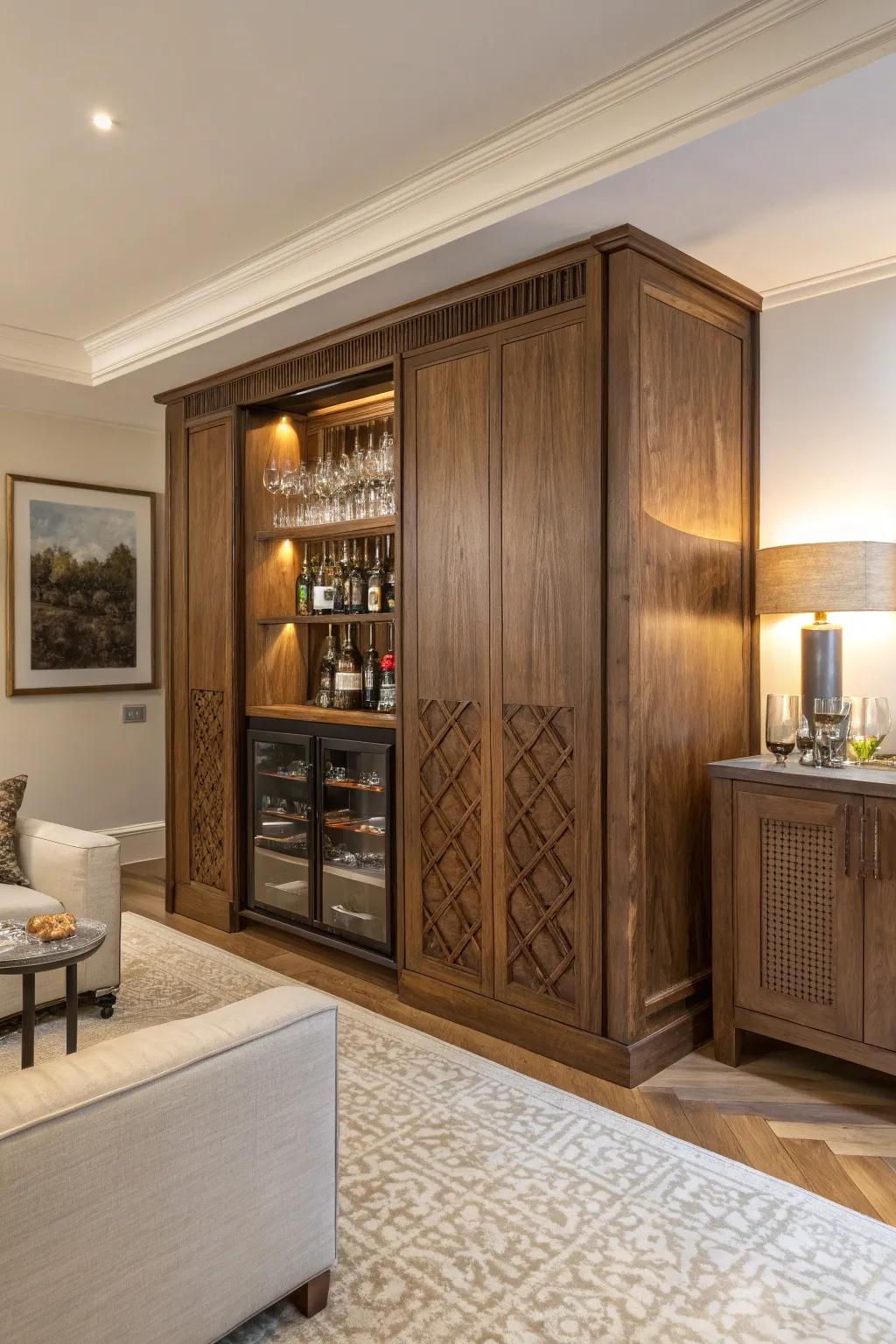 A hidden bar unit keeps your space looking smooth and organized.