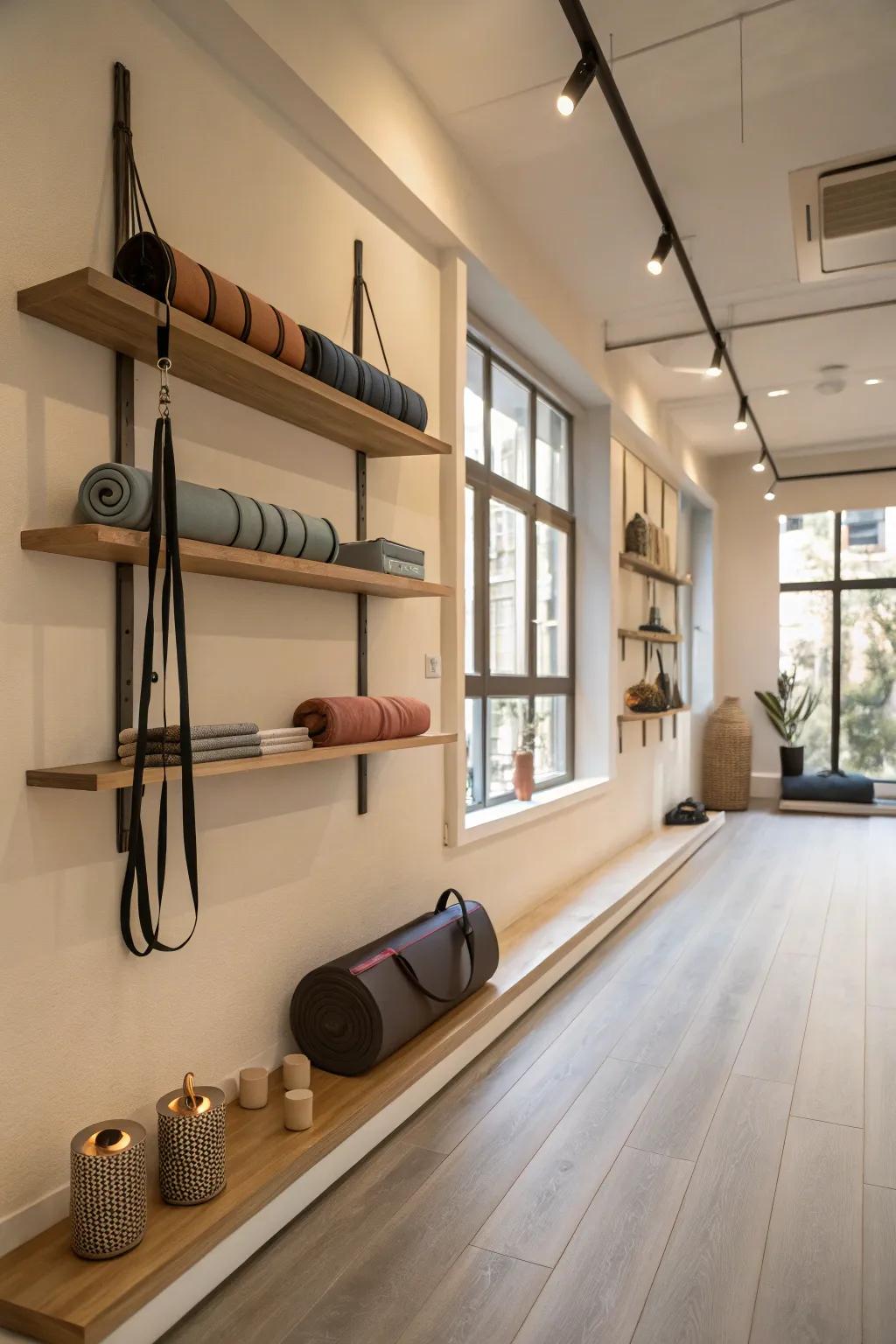 Yoga room utilizing overhead area with floating shelves.