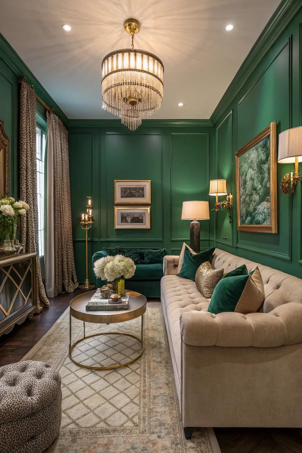 A snug parlor showcasing emerald walls for a sumptuous stroke.