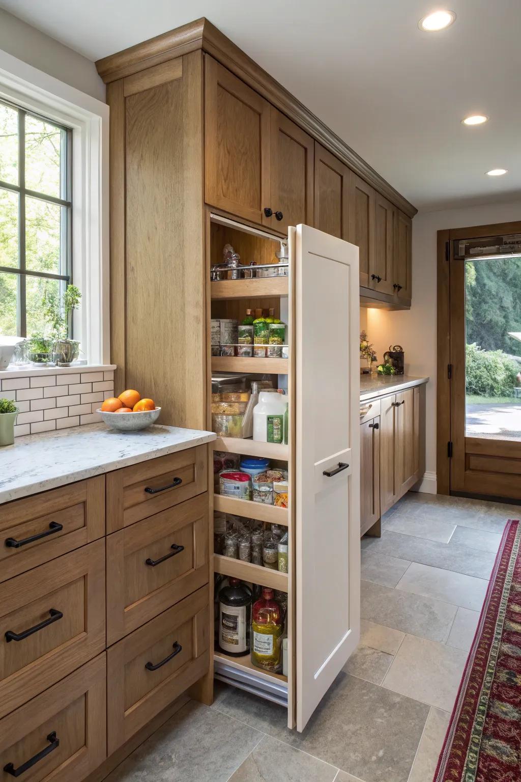 Concealed storage restrains clutter in compact kitchens.