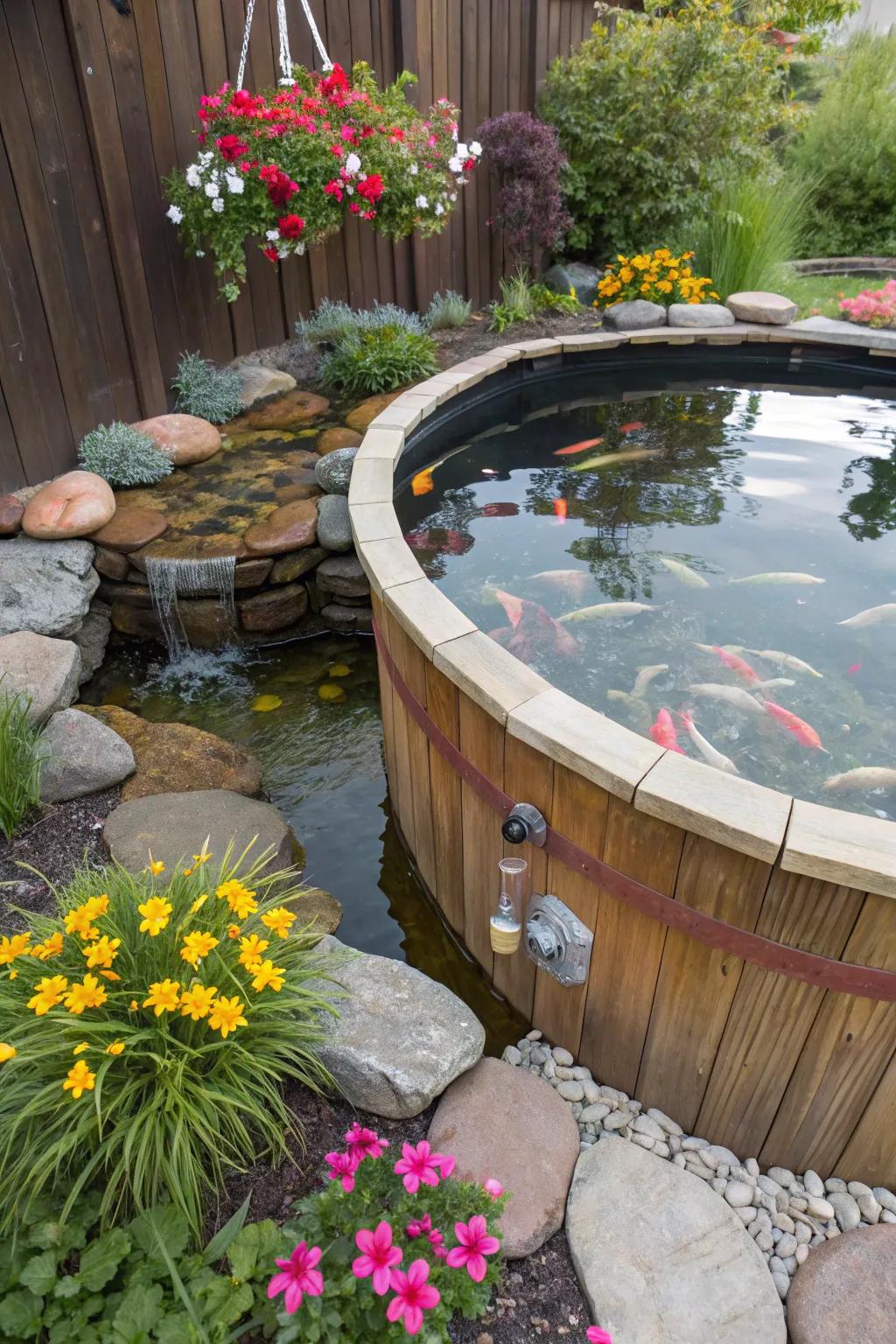A whimsical water garden born from a transformed hot tub.